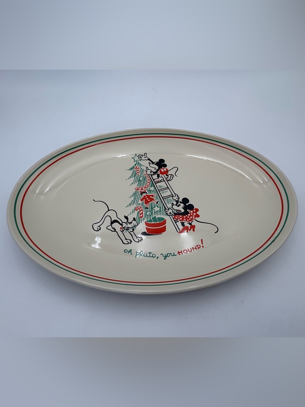 Disney Christmas Platter with Mickey, Minnie & Pluto - White, Red, Green - Picture 3 of 7